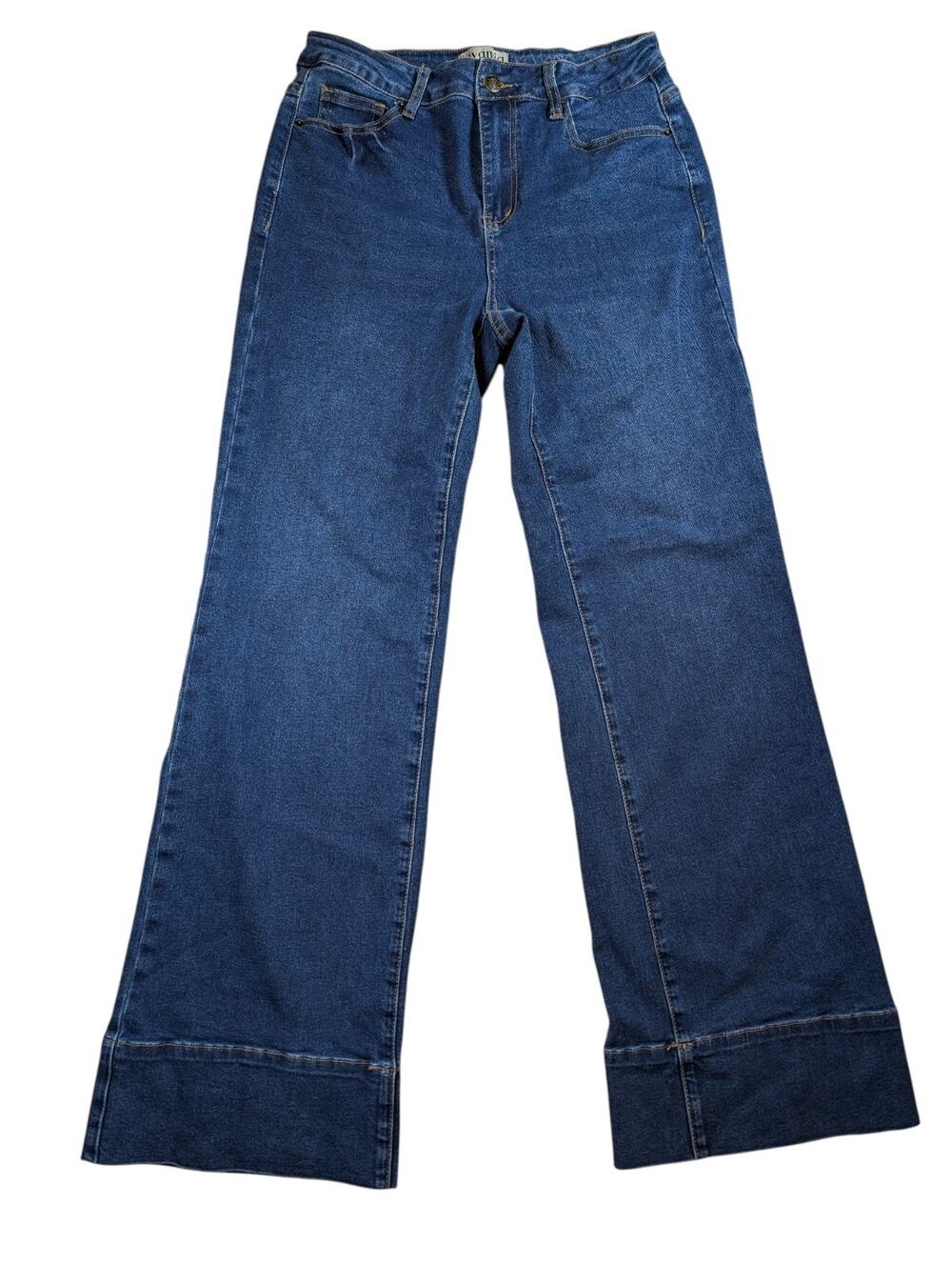 Luvamia Dark Wash Wide Leg Jeans With Thick Cuff Womens Medium High Rise